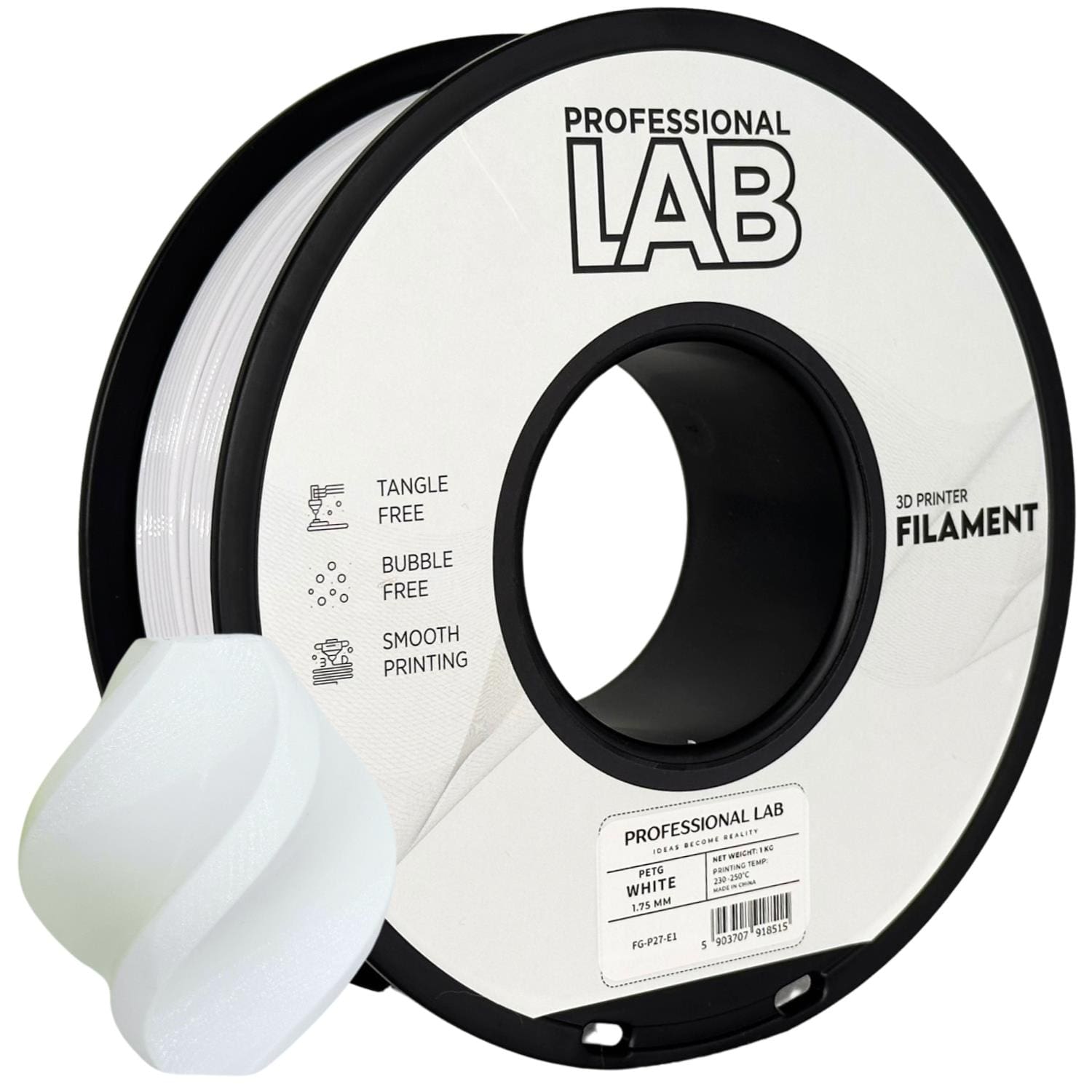 PLA White Professional Lab 1kg - Branco – filamento PLA 1,75 mm para impressão 3D com acabamento limpo e impressão fácil