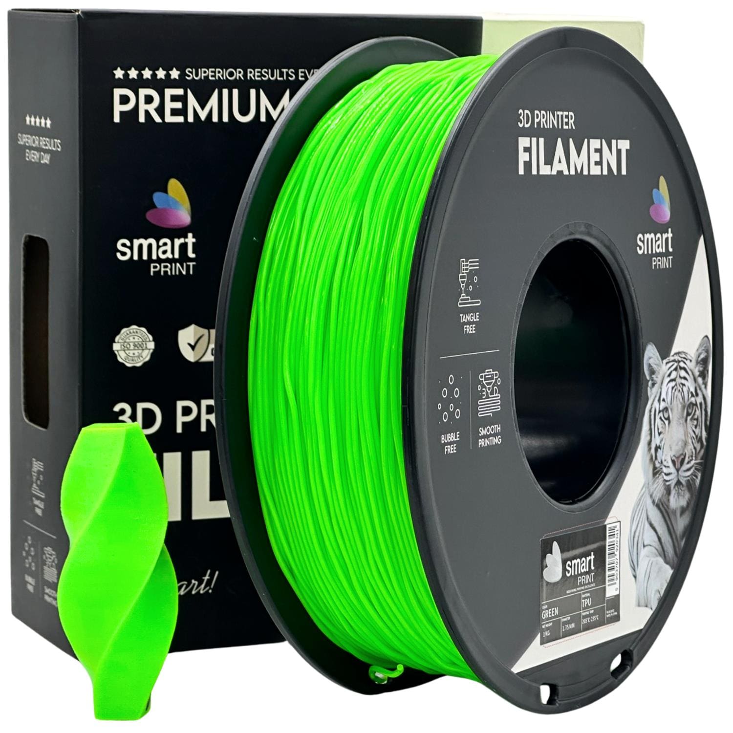 TPU Green Smart Print 1kg - Verde — filamento TPU 95A 1,75 mm flexível e resistente ao desgaste, ideal para vedantes, capas e suportes