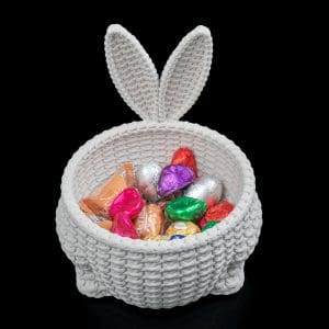 Cesto Decorativo Coelho Porta Doces com orelhas de coelho e textura trançada, ideal para chocolates, rebuçados e lembranças de Páscoa